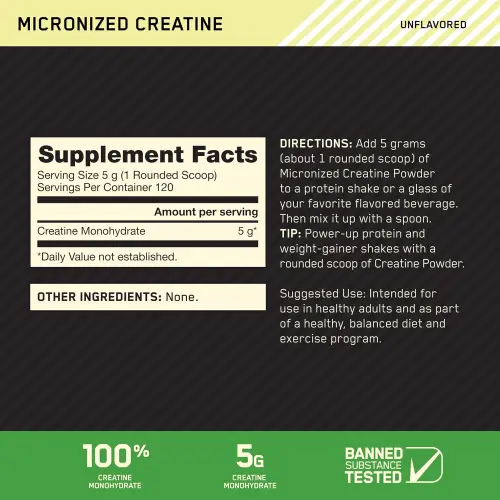 Creatina Micronizada Monohidratada Optimum Nutrition 600g — 120 servicios — imagen 2